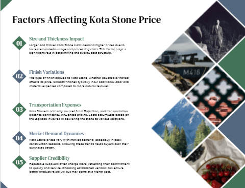 Factors Affecting Kota Stone Price

Size & Thickness: Thicker and larger slabs cost more.

Finish: Polished and honed finishes are slightly more expensive than natural textures.

Transportation Costs: Since Kota Stone is transported from Rajasthan, distance affects pricing.

Market Demand: Seasonal fluctuations impact costs.

Supplier Reputation: Established suppliers may charge a premium for quality assurance.